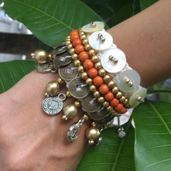 boho crochet macrame mother of pearl bracelet orange