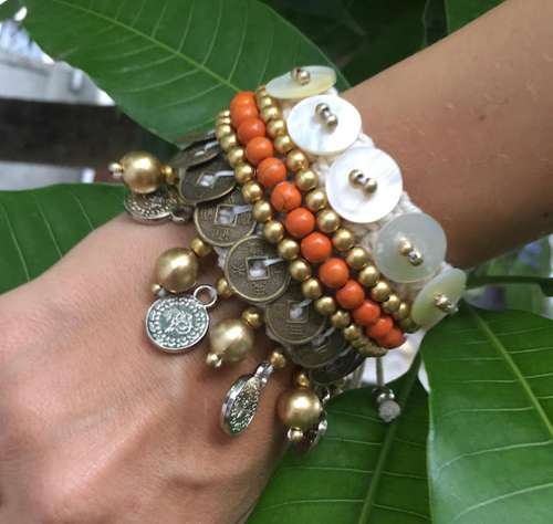 Boho crochet macrame mother of pearl bracelet orange