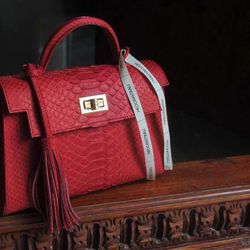 top handle red classy ida genuine python skin bag | exotic leather bags | elegant everyday women purse | snakeskin bag|