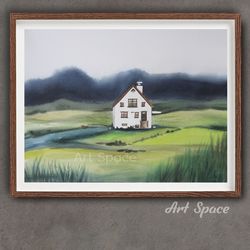 original watercolor painting "house in the fields", decoration for office, housewarming gift, hallway decor