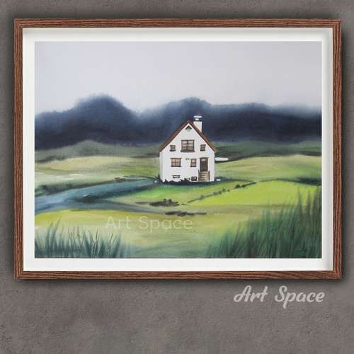 Original watercolor painting "House in the fields", decoration for office, housewarming gift, hallway decor