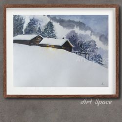 original watercolor painting "houses in the mountains", decoration for office, housewarming gift, hallway decor