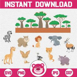 baby safari animals and plant clipart, baby lion svg, cute giraffe clip art, jungle animals printable wall art, digital