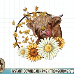 highland cow with sunflower daisies butterflies farm western t-shirt copy png sublimation