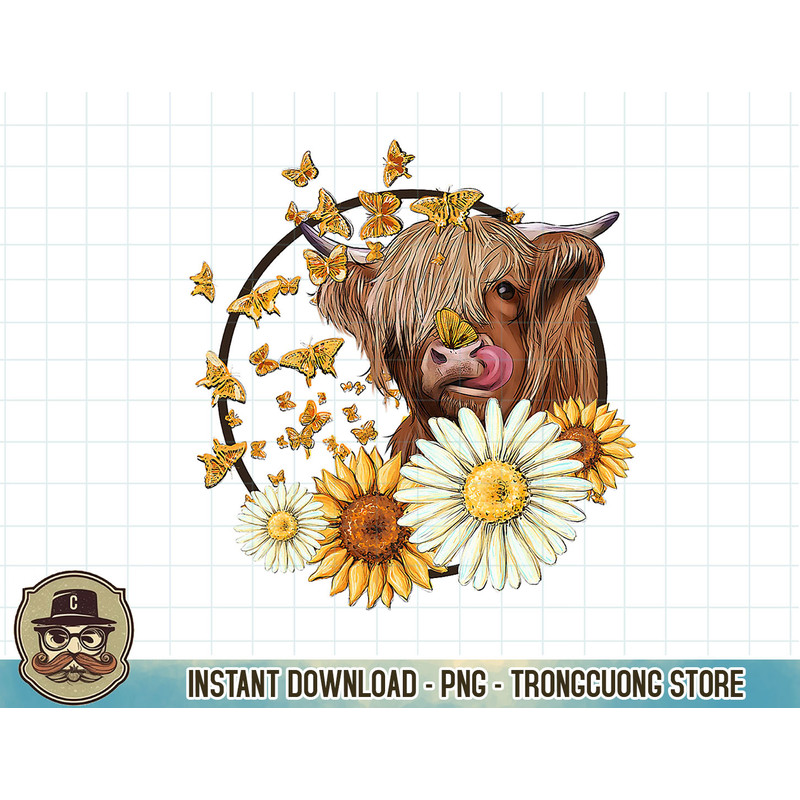Highland Cow With Sunflower Daisies Butterflies Farm Western T-Shirt copy.jpg
