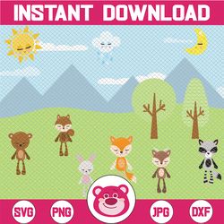 woodland animals clipart, forest animal clip art, wild cute garden fox rabbit bear graphic png download