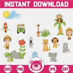 cute safari friends, jungle animals clip art png- digital clip art, safari animals, jungle birthday party png printable