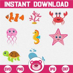 Sea Animal Cut Files, Sea Animal SVG, Sea Animal Clip Art, Cute Ocean Animals, Baby Ocean Animal SVG, Ocean Animal Cut F