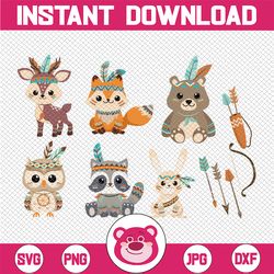 woodland tribal animals clipart - 300 dpi vectorsvg png & jpg files - cute forest animals, fox, owl, tribe clip art