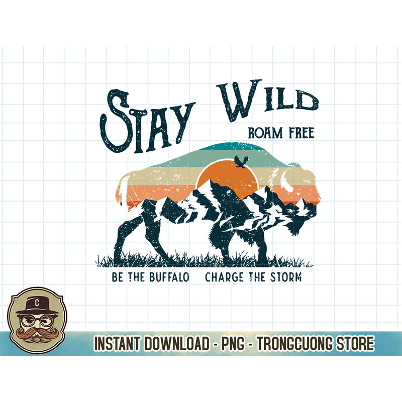 Retro Buffalo Mountain Sunset Stay Wild Roam Free Western T-Shirt copy.jpg
