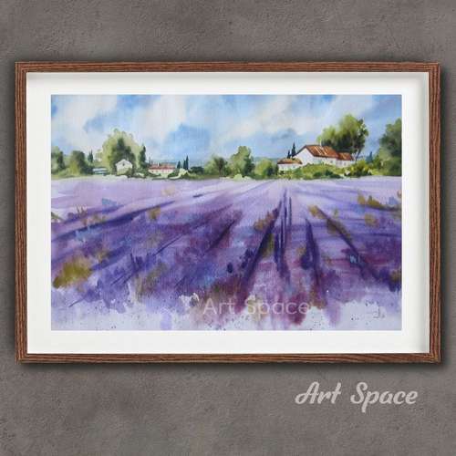 Original watercolor painting Lavender field, decoration for office, playroom, decoration for office, playroom, home