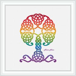 Cross stitch pattern Tree silhouette Oak celtic knot rainbow ornament abstract colorful counted crossstitch patterns PDF