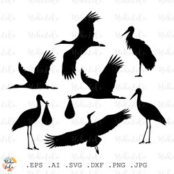 Stork Svg Silhouette Stencil Template Dxf Cricut file Baby Shower Decor Clipart Png