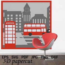Red telephone booth. Multilayer 3D postcard SVG, shadow box