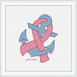 Cross stitch pattern Pink ribbon Anchor silhouette ornament hearts woman female health counted crossstitch patterns PDF