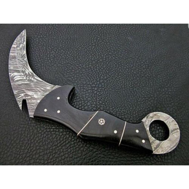 AUniqueAdditiontoYourCollectionFullTangHandForgedDamascusSteelKarambitKnifewithBuffal