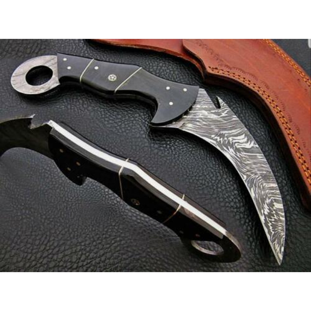 AUniqueAdditiontoYourCollectionFullTangHandForgedDamascusSteelKarambitKnifewithBuffal