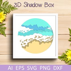 Sea waves shadow box for cut, Summer beach layered papercut svg