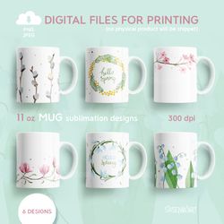 Hello Spring Bundle, 11 Oz Mug Sublimation Designs With Spring Flowers, PNG JPEG Files Digital Download