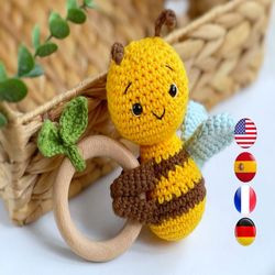 CROCHET PATTERN bee rattle, crochet baby rattle bumblebee, crochet toy for baby mobile, teething toy tutorial PDF