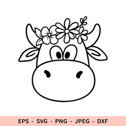 Funny Cow Svg Farm Animal Dxf File for Cricut Outline Cute Cow Face Png Flowers Cow