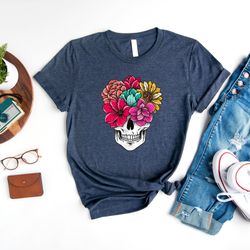 bloom skull shirt, floral skull tee, womens fall shirt, flower skull tshirt, skeleton blooms tee, skeleton halloween shi