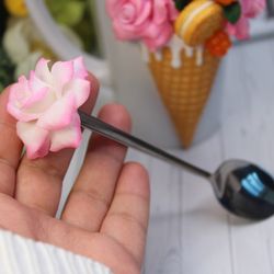 Teaspoon with decor Polimer clay, flower miniature, rose spoon, rose, flower design, kitchen decor, mommy gift,