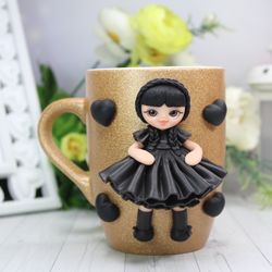 Wadnesday, mug with decor Polimer clay, doll by foto, doll mug , children products, friend gift, kitchen design