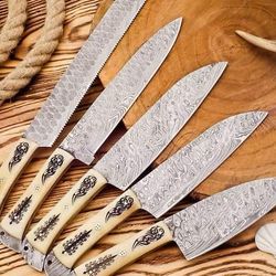 Handmade Damascus Steel Chef Set 5 pieces With Leather Sheath & Wooden Box, Full Kitchen Knife Set, Damascus Chef Set,