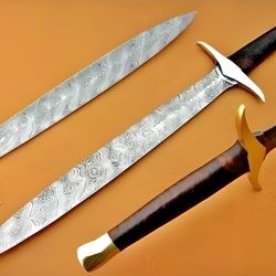 Crafted for Battle: Handmade Damascus Steel Viking Sword with a Rosewood Handle