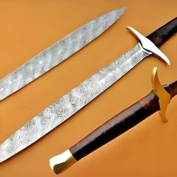 crafted for battle: handmade damascus steel viking sword with a rosewood handle