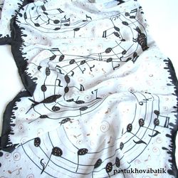 Long silk scarf hand-painted, scarf for musician, black and white silk scarf, natural silk.