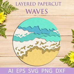 3d summer layered papercut, Sea waves shadow box svg for cricut and silhouette