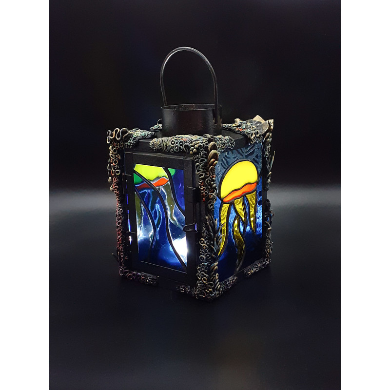Stained Glass Jellyfish Lamp Stained Glass Candle Holder Coral Reef Polymer Clay Nautical Decor Ocean Wave Suncatcher 1