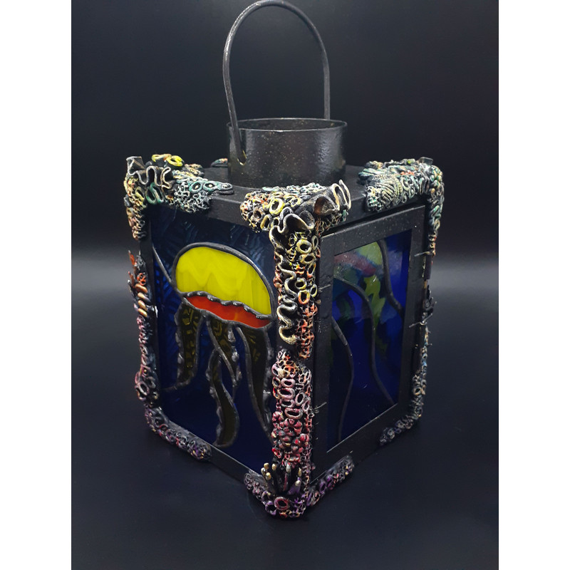Stained Glass Jellyfish Lamp Stained Glass Candle Holder Coral Reef Polymer Clay Nautical Decor Ocean Wave Suncatcher 4