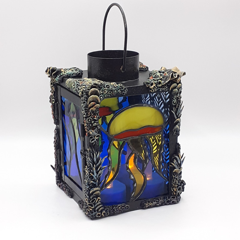 Stained Glass Jellyfish Lamp Stained Glass Candle Holder Coral Reef Polymer Clay Nautical Decor Ocean Wave Suncatcher 8