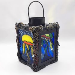 Stained Glass Jellyfish Lamp, Stained Glass Candle Holder, Coral Reef Polymer Clay Nautical Decor Ocean Wave Suncatcher