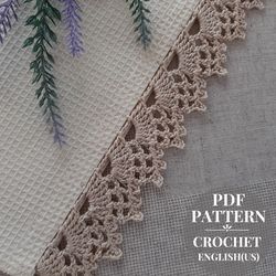 Crochet edging pattern, crochet border pattern beginner. Crochet openwork trim for fabric decor. Detailed tutorial pdf.