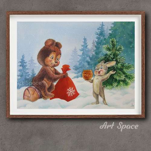 Original watercolor painting "Happy New Year", decoration for office, housewarming gift, hallway painting for cafe