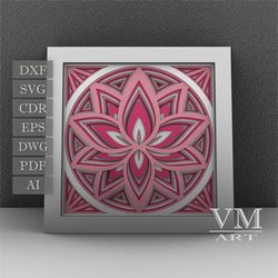 s04 - layered lotus shadow box svg, laser cut file mandala dxf, layered mandala svg for cricut, 3d lotus mandala