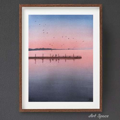 Original watercolor painting "Pier", decoration for office, housewarming gift, hallway decor, painting for home, cafe