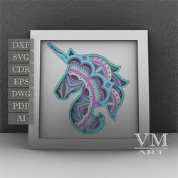 s17 - layered unicorn shadow box svg, laser cut file mandala dxf, layered mandala svg for cricut, 3d unicorn mandala
