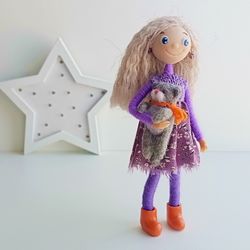 Authors purple doll/Handmade OOAK art doll/Unique home decor/Gift for birthday/Collectible doll