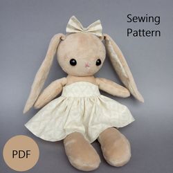 Cute Plush Bunny Sewing Pattern PDF (In Two Sizes) Stuffed Animal DIY Step-By-Step Tutorial, Bunny Doll In Dress Pattern