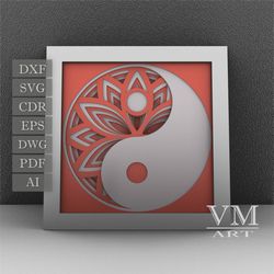 s23 - layered yin yang shadow box svg, laser cut file mandala dxf, layered mandala svg for cricut, 3d yin yang flower