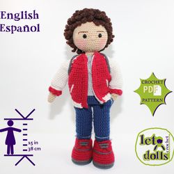 Crochet Doll Pattern, Amigurumi doll pattern, Small doll, 15"/ 38 cm Tall, Yvon