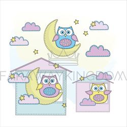 owl night bird felt imitation clip art vector illustration set