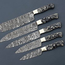 Handmade Damascus chef knife set of 5 pcs with Multi color Resin Handle Gift for Father Kitchen Knife Groomsmen Gift