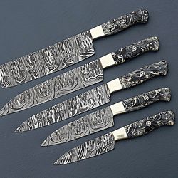handmade damascus chef knife set of 5 pcs with multi color resin handle gift for father kitchen knife groomsmen gift