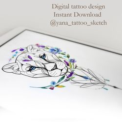 Lioness Tattoo Designs Female Lioness Tattoo Sketch With Flowers, Instant download PDF, JPG, PNG